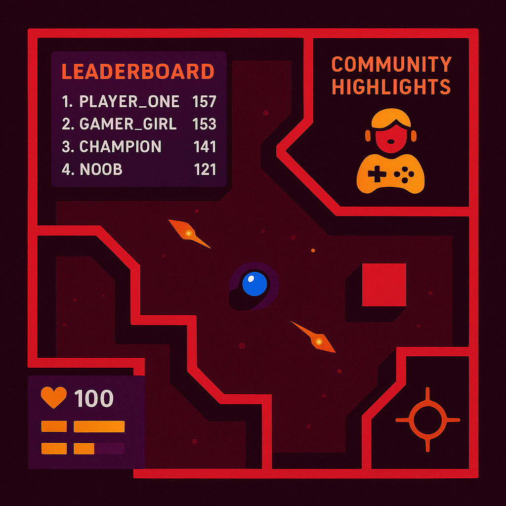 Screenshot: asymmetric arena with HUD and live leaderboard
